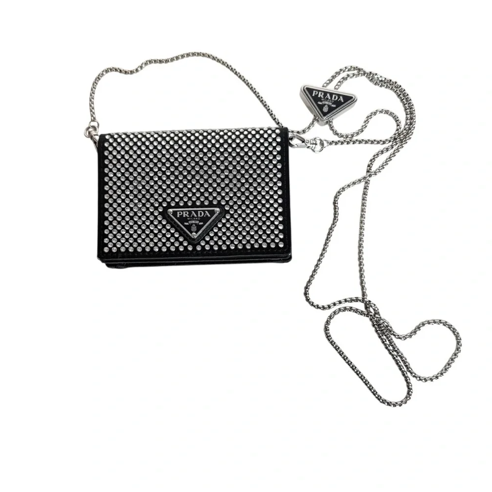 Prada Crystal Embellished Black Satin Chain Wallet Crossbody Clutch